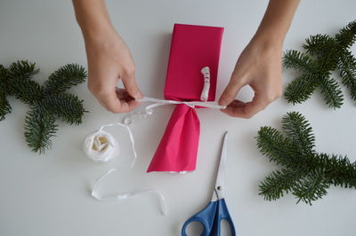 Midsection of woman holding christmas tree on table