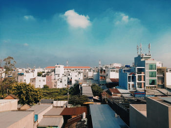 High angle view of buildings against sky