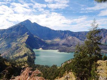 Scenic view of lake and mountains against sky