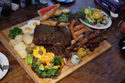 High angle view of meal served on table