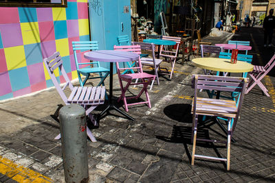 Empty chairs and tables in cafe