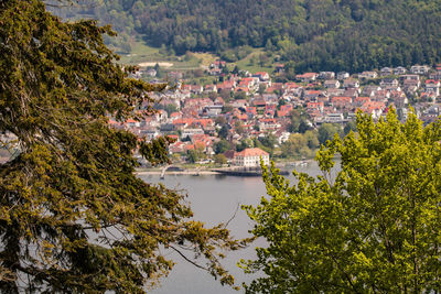 View of townscape by lake