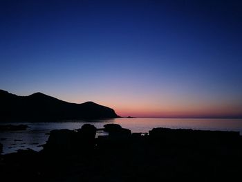 Scenic view of sea against clear sky during sunset