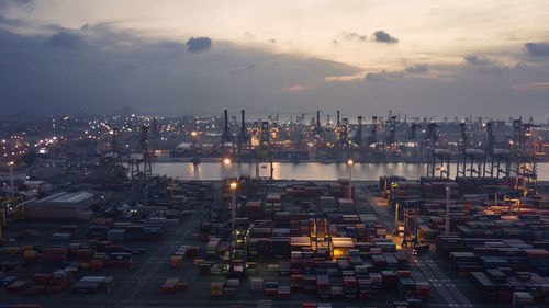 Aerial view of commercial dock during sunset
