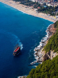 High angle view of boats on sea shore