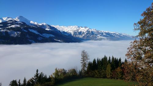 Scenic view of snowcapped mountains against sky