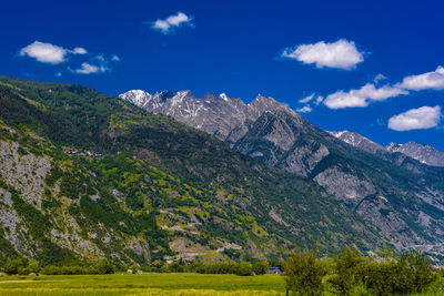 Scenic view of mountains against blue sky