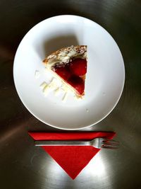 High angle view of cake in plate on table