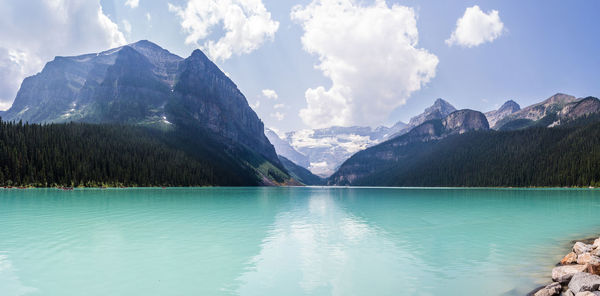Scenic view of lake by mountains against sky