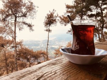 View of tea cup on table against trees