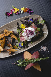 High angle view of various flowers on table