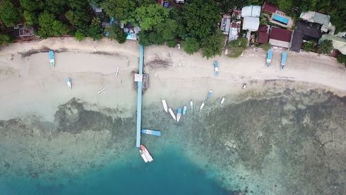 High angle view of sea by trees