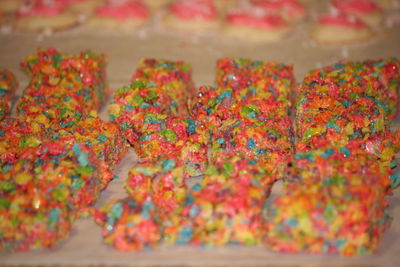 High angle close-up of colorful dessert served in plate during christmas