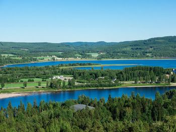 Scenic view of lake against clear blue sky