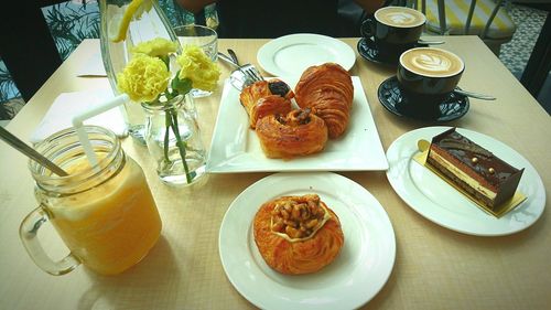 High angle view of breakfast on table