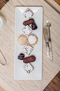 High angle view of cake served on table