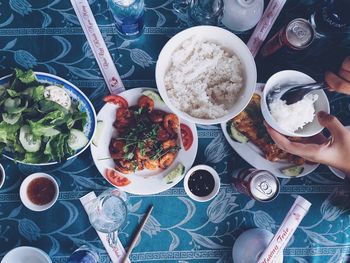 High angle view of food served on table