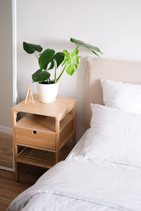 Room interior with bedside table and monstera plant