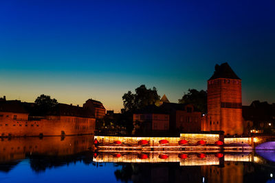 Buildings by river against sky at dusk