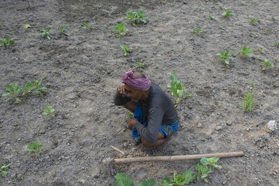 High angle view of woman working on field