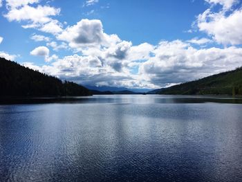 Scenic view of lake against cloudy sky