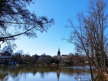 Reflection of trees in lake against sky