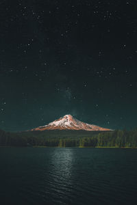 Scenic view of snowcapped mountains against sky at night