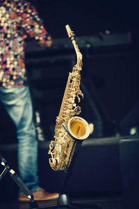 Close-up of saxophone on stand