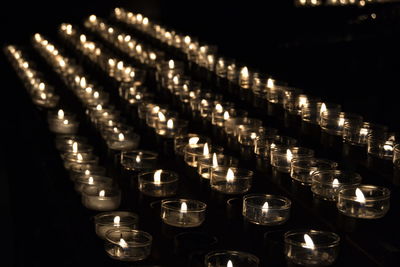 Row of illuminated candles in church