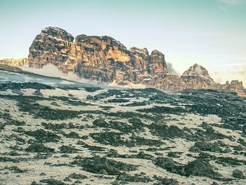 Wild mountains calm scene. lifestyle active travel hiking. snowy mountains and alpine valleys.