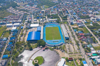 High angle view of buildings in city