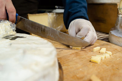 Midsection of person preparing food on cutting board