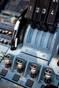 Close-up of airplane cockpit control panel