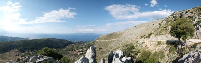 Panoramic view of mountains against cloudy sky