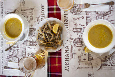 High angle view of tea served on table