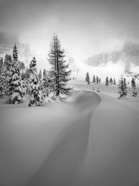 Scenic view of snow covered land against sky