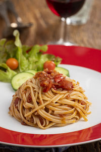 Close-up of noodles in plate on table