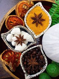 High angle view of spices on table