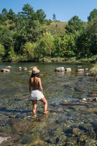 Rear view of woman standing on riverbank in forest