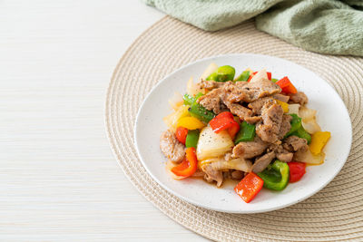 High angle view of food in plate on table