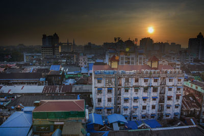 High angle view of townscape against sky at sunset