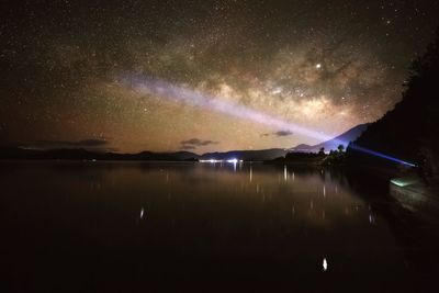 Scenic view of lake against sky at night