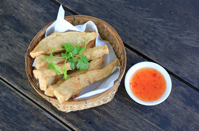 High angle view of food in plate on table