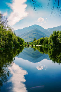 Scenic view of lake by trees against sky