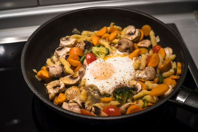 High angle view of food in cooking pan