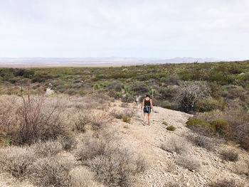 Rear view of woman walking on field against sky