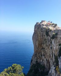 Rock formations by sea against clear blue sky