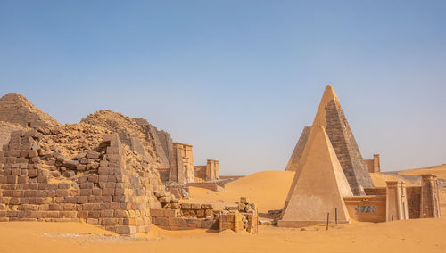 Meroe, sudan, february 10., 2019, restored pyramids of the black pharaohs of meroe in sudan