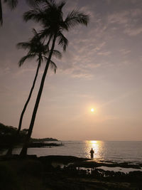 Silhouette palm tree on beach against sky during sunset