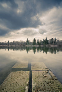 Scenic view of lake against cloudy sky